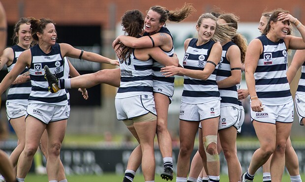 2018_09_09_VFLW_HERO.jpg The Cats celebrate a special comeback win to keep their premiership hopes alive - Geelong Cats